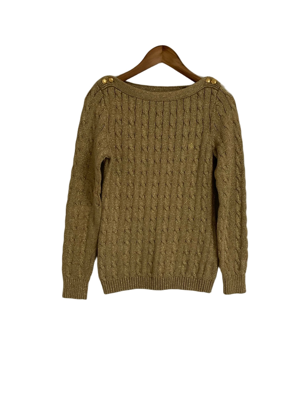 Lauren Ralph Lauren Metallic Gold Cable-Knit Boatneck Sweater Size Medium
